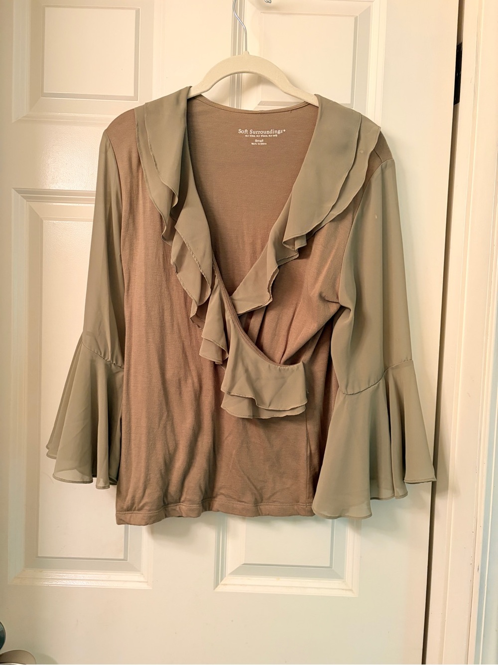 Soft Surroundings Olive Green Faux Wrap Top w/Sheer Ruffles